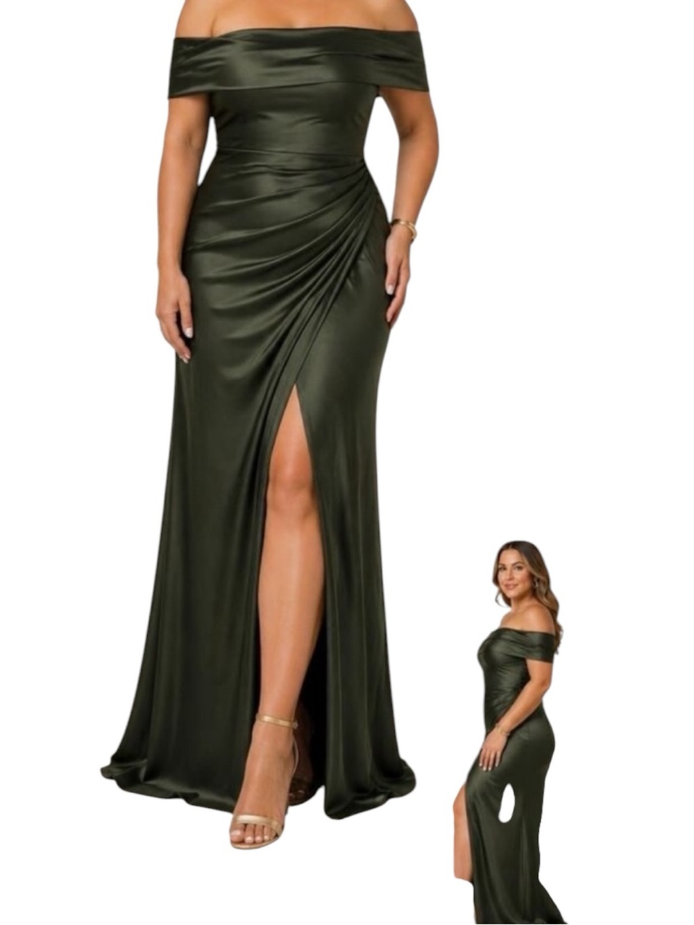 OYS Formal Gown Bodycon Slit Ruched Off-Shoulder Satin Moss Green L